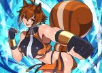  akisu_k animal_ears antenna_hair bare_shoulders blazblue breasts brown_eyes brown_hair clenched_hands commentary_request gloves gradient_hair incoming_attack incoming_punch large_breasts looking_at_viewer makoto_nanaya midriff multicolored_hair navel open_mouth punching revealing_clothes shiny_skin short_hair simple_background skirt sleeveless smile solo squirrel_ears squirrel_girl squirrel_tail tail teeth thighs upper_teeth_only 