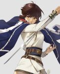  1girl belt blunt_bangs brown_eyes brown_hair coat highres holding holding_sword holding_weapon irene_koh isabeau_(smt) nail_polish red_eyes shin_megami_tensei shin_megami_tensei_iv short_hair shorts simple_background smile solo sword weapon 