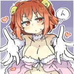  1girl :i breasts cleavage gloves heart large_breasts looking_at_viewer matsu_kitsune medium_hair motoori_kosuzu navel orange_eyes orange_hair outstretched_arms purple_background reaching reaching_towards_viewer solo speech_bubble touhou white_gloves 