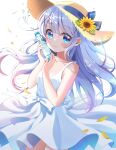  1girl blue_eyes blush bottle commentary_request dress flower gochuumon_wa_usagi_desu_ka? hair_ornament hat hat_ribbon kafuu_chino long_hair looking_at_viewer mozukun43 ramune ribbon smile solo sundress white_dress x_hair_ornament 