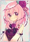  1girl blush brown_eyes cimi_(xtmw8337) detached_sleeves flower highres nijisanji nijisanji_en pink_flower pink_hair pink_rose rose rosemi_lovelock rosemi_lovelock_(1st_costume) short_sidetail smile solo thorns virtual_youtuber 