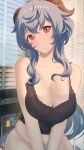  1girl absurdres ahoge black_camisole blue_hair breasts camisole chinese_commentary cleavage closed_mouth ganyu_(genshin_impact) genshin_impact goat_horns highres hnbsgy horns large_breasts looking_at_viewer panties purple_eyes solo underwear window_blinds 