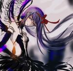  1girl akemi_homura akuma_homura black_wings dress gloves hairband long_hair mahou_shoujo_madoka_magica purple_eyes red_hairband solo wings 