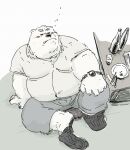  2023 anthro bear belly big_belly blush bottomwear clothing eyes_closed hi_res humanoid_hands kemono male mammal overweight overweight_male pants pommn_mn sitting solo 