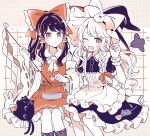  2girls animal apron bird bow braid cat closed_mouth feet_out_of_frame frilled_apron frilled_skirt frills gohei hair_bow hair_tubes hakurei_reimu hat hat_bow highres holding holding_gohei japanese_clothes kirisame_marisa long_hair looking_at_viewer mouse mozukuzu_(manukedori) multiple_girls nontraditional_miko one_eye_closed open_mouth rabbit shirt sidelocks single_braid skirt smile touhou vest waist_apron witch_hat 