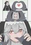  1girl absurdres arknights black_headwear blush doctor_(arknights) finger_in_another&#039;s_mouth gloves grey_hair habit hair_between_eyes hands_on_another&#039;s_face heart heart_hands highres looking_at_viewer nun open_mouth pov pov_hands red_eyes snoot_challenge solo specter_(arknights) teeth upper_teeth_only wawamachi_(wawamachis) 