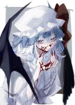  1girl absurdres bat_wings black_wings blood blood_on_face blood_on_hands blue_hair closed_mouth collared_shirt fingernails hat hat_ribbon highres katai_(nekoneko0720) long_fingernails looking_at_viewer mob_cap nail_polish red_eyes red_nails red_ribbon remilia_scarlet ribbon sharp_fingernails shirt short_hair solo touhou upper_body white_headwear white_shirt wings 