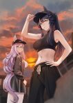  2girls bare_arms bare_shoulders baseball_cap black_hair black_headwear black_jacket black_pants black_shirt breasts character_request commentary_request cowboy_shot ears_through_headwear hand_on_own_hip hat highres jacket kuzumochi_(kuzumochiya) large_breasts long_hair long_sleeves looking_at_viewer mouth_hold multiple_girls narita_brian_(umamusume) outdoors pants purple_hair shirt sleeveless sleeveless_shirt standing sunset umamusume very_long_hair yellow_eyes 