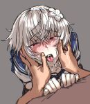  1girl accelerator_(toaru_majutsu_no_index) albino ambiguous_gender androgynous blue_sailor_collar blue_skirt blush brown_footwear crying crying_with_eyes_open drooling electrodes faceless faceless_male fingernails flower from_above grey_background hair_flower hair_ornament half-closed_eyes hands_on_another&#039;s_chest hands_on_another&#039;s_face heart heart-shaped_pupils holding_another&#039;s_head lies_(artist) looking_up nose_blush oral_invitation pale_skin pov red_eyes sailor_collar saliva saliva_trail sanpaku shirt short_hair skirt solo suzushina_yuriko symbol-shaped_pupils tears teeth toaru_majutsu_no_index tongue tongue_out torogao upper_teeth_only white_hair white_shirt 
