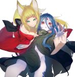  2girls animal_ears black_cloak black_nails blonde_hair blue_hair bottomless breasts cloak colored_skin dragon_girl dungeon_ni_deai_wo_motomeru_no_wa_machigatteiru_darou_ka forehead_jewel fox_ears fox_girl fox_tail fujinoomori green_eyes grey_skin japanese_clothes kimono large_breasts long_hair looking_at_viewer multiple_girls naked_cloak navel orange_eyes parted_lips pointy_ears red_kimono sanjouno_haruhime scales slit_pupils tail white_background wiene 