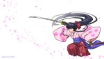  1girl brown_eyes brown_gloves cherry_blossoms fingerless_gloves floating_clothes floating_hair floral_print full_body gloves hakama holding holding_sword holding_weapon japanese_clothes katana kimono kneeling long_hair obi pink_kimono ponytail red_hakama sakura_taisen sash sheath shinguuji_sakura slashing solo sword very_long_hair wanta_(futoshi) weapon white_background wide_sleeves 