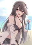  1girl akahi242 beach bikini black_bikini black_hair black_hairband blush bottle breasts brown_eyes cleavage collarbone cowboy_shot day hair_between_eyes hair_ornament hairband hairclip haruna_(kancolle) haruna_kai_ni_(kancolle) highres holding holding_bottle jacket kantai_collection large_breasts long_hair long_sleeves ocean open_mouth outdoors ramune smile solo swimsuit white_jacket 