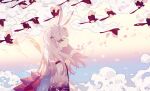  1girl animal_ears bird blowing closed_eyes cloud cupping_hands hair_ornament highres long_hair original own_hands_together petals rabbit_ears shigeru_do_dai_ga_cha sky solo 