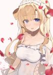  1girl bare_shoulders blonde_hair breasts commentary_request dress falling_petals fletcher_(kancolle) highres kantai_collection large_breasts looking_at_viewer off-shoulder_dress off_shoulder official_alternate_costume open_mouth petals picoli1313 purple_eyes sidelocks smile solo upper_body white_dress 