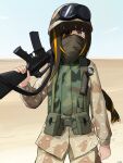  1girl absurdres artist_name assault_rifle braid camouflage cowboy_shot desert desert_camouflage eyepatch gamryous girls&#039;_frontline goggles goggles_on_headwear gun hat highres holding holding_gun holding_weapon long_hair long_sleeves looking_at_viewer m16 m16a1_(girls&#039;_frontline) mask military_hat military_uniform mole mole_under_eye multicolored_hair orange_hair outdoors rifle scar solo streaked_hair uniform weapon 