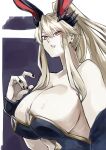  1girl absurdres animal_ears artoria_pendragon_(fate) artoria_pendragon_(lancer_alter)_(fate) artoria_pendragon_(swimsuit_ruler)_(fate) artoria_pendragon_(swimsuit_ruler)_(fate)_(cosplay) black_nails blonde_hair breasts cleavage cosplay fake_animal_ears fate/grand_order fate_(series) gumi_(the_eye_of_darkness) hair_between_eyes highleg highleg_leotard highres huge_breasts large_breasts leotard long_hair looking_at_viewer pale_skin playboy_bunny ponytail rabbit_ears sideboob solo swept_bangs upper_body yellow_eyes 