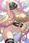  1girl angel angel_wings angewomon armpits arms_up asymmetrical_clothes bare_shoulders belt blonde_hair bodysuit boobplate breasts cleavage clothing_cutout commentary_request covered_collarbone covered_eyes cowboy_shot digimon digimon_(creature) elbow_gloves feathered_wings gloves hagoromo helmet helmet_over_eyes highres large_breasts long_hair mizore_syrup multiple_wings navel navel_cutout o-ring o-ring_belt parted_lips partial_commentary shawl solo thigh_strap white_bodysuit winged_helmet wings 
