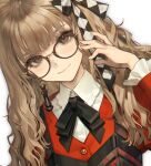  1girl blunt_bangs brown_eyes brown_hair character_request checkered_ribbon closed_mouth collar echoes_of_vision frilled_collar frills glasses hair_ribbon highres long_hair looking_at_viewer quuni red-framed_eyewear ribbon solo 