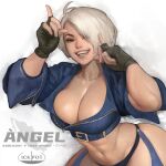  1girl angel_(kof) artist_name backless_pants blue_eyes bra breasts chaps cleavage crop_top cropped_jacket finger_horns fingerless_gloves gloves hair_over_one_eye highres horns_pose ickpot index_fingers_raised jacket large_breasts leather leather_jacket looking_at_viewer midriff narrow_waist navel panties pants short_hair smile snk solo standing strapless strapless_bra the_king_of_fighters the_king_of_fighters_xiv thick_thighs thighs toned underwear white_background white_hair 