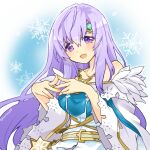  1girl alternate_costume dress fire_emblem fire_emblem:_genealogy_of_the_holy_war gem jewelry julia_(fire_emblem) julia_(resplendent)_(fire_emblem) long_hair necklace official_alternate_costume open_mouth own_hands_clasped own_hands_together purple_eyes purple_hair simple_background solo yukia_(firstaid0) 