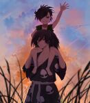  1boy 1girl arm_up bandages barefoot black_hair blurry blurry_foreground carrying cloud dororo_(character) dororo_(tezuka) hair_between_eyes hair_over_one_eye hyakkimaru_(dororo) japanese_clothes kento128945 kimono long_hair looking_at_viewer one_eye_closed outdoors piggyback ponytail short_hair smile sunset torn_clothes 