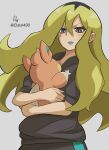  1girl absurdres black_hair blonde_hair blue_lips delinquent_(pokemon) grey_eyes hair_between_eyes highres holding holding_pokemon ida_(idalol490) jacket lipstick long_hair makeup multicolored_hair pawmo pokemon pokemon_(creature) pokemon_(game) pokemon_oras sleeves_pushed_up sweatdrop twitter_username two-tone_hair upper_body 