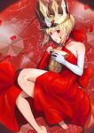  1girl bare_shoulders barefoot blonde_hair blush braid commentary_request crown cup detached_sleeves dress elbow_gloves fate/grand_order fate_(series) french_braid gloves grail hair_between_eyes hair_intakes halterneck highres holding holding_cup looking_at_viewer lying nakaga_eri nero_claudius_(fate) petals pointy_ears queen_draco_(first_ascension)_(fate) red_dress red_eyes red_sleeves short_hair solo toes white_gloves 