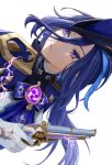  1girl antique_firearm ascot black_bow blue_ascot blue_cape blue_hair blue_headwear bow cape clorinde_(genshin_impact) closed_mouth commentary_request dark_blue_hair drop_earrings earrings electricity epaulettes facing_to_the_side genshin_impact gloves gun hair_between_eyes hair_bow hand_up hat highres holding holding_gun holding_weapon jewelry long_hair low_ponytail making-of_available purple_eyes shirt sideways solo sushi_gnsn tricorne upper_body vision_(genshin_impact) weapon white_background white_gloves white_shirt 