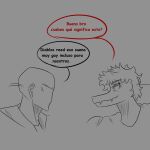  1:1 2023 absurd_res anon_(snoot_game) anthro bald black_and_white clothing dialogue dinosaur dromaeosaurid duo goodbye_volcano_high hair hi_res human jacket male mammal monochrome reed_(gvh) reptile resston1 scalie shirt short_hair smile snoot_game snout spanish_text tank_top text theropod topwear translation_check translation_request velociraptor 