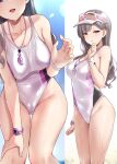  1girl breasts competition_swimsuit dripping eyewear_on_head grey_hair highres large_breasts one-piece_swimsuit original satou_kuuki swimsuit visor_cap watch wet whistle whistle_around_neck white_one-piece_swimsuit wristwatch 