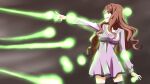  1girl black_thighhighs breasts brown_eyes brown_hair cleavage commentary_request dress energy energy_ball energy_beam feet_out_of_frame glowing grey_background grin highres large_breasts long_hair long_sleeves looking_to_the_side mugino_shizuri outstretched_arms plasma psychic purple_dress short_dress smile solo standing teeth thighhighs thighs toaru_kagaku_no_railgun toaru_kagaku_no_railgun_s toaru_majutsu_no_index toberux wavy_hair zettai_ryouiki 