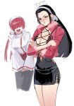  2girls absurdres black_hair blush breasts cosplay costume_switch covered_eyes crossed_arms dan_koflove dress highres kagura_chizuru large_breasts long_hair low_twintails multiple_girls red_hair shermie_(kof) short_dress the_king_of_fighters the_king_of_fighters_xv twintails 