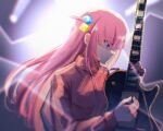  1girl ahoge blue_eyes blurry blurry_background bocchi_the_rock! cube_hair_ornament electric_guitar gibson_les_paul gotoh_hitori guitar hair_ornament instrument jacket light_rays long_hair pink_jacket playing_guitar signature xin_(blueramen) 