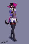  bear213 clothed clothing dark_body dark_skin fur girly hi_res legwear looking_at_viewer male multicolored_body multicolored_eyes multicolored_fur ramone simple_background tail thigh_highs thighs 