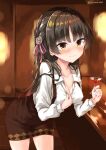  1girl :3 absurdres alcohol assertive_female black_hair blurry blurry_background blush braid breasts brown_skirt cafe_stella_to_shinigami_no_chou cleavage closed_mouth collarbone commentary_request cowboy_shot cup dress_shirt drinking_glass drunk earrings eyelashes flower furrowed_brow hair_between_eyes hair_flower hair_ornament hair_over_shoulder hair_ribbon hands_up highres indoors izumi_izu jewelry leaning_forward lips long_hair long_sleeves looking_at_viewer medium_breasts mole mole_under_eye nose_blush pencil_skirt pink_ribbon presenting_breasts ribbon rose seductive_smile shiki_natsume shiny_skin shirt side_braid skirt smile solo standing stud_earrings suspender_skirt suspenders twitter_username very_long_hair white_flower white_rose white_shirt wine wine_glass yellow_eyes 