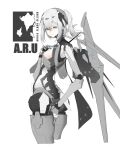  1girl aqua_eyes cdlo closed_mouth grey_hair hair_between_eyes hair_ornament headgear highres long_neck mecha_musume mechanical_arms mechanical_legs mechanical_spine ponytail punishing:_gray_raven rosetta_(punishing:_gray_raven) sidelocks single_mechanical_arm spine white_background 