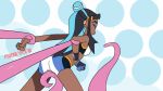  1girl animated animated_gif arm_grab arm_held_back blue_eyeshadow closed_eyes dark_skin eyeshadow hair_bun highres long_hair makeup multicolored_hair nessa_(pokemon) phinaly pokemon pokemon_(game) pokemon_swsh shorts sports_bra sportswear tentacles through_clothes 