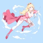  1girl blonde_hair blue_eyes boots bracelet breasts cape cleavage crown full_body gloves highres holding holding_sword holding_weapon jewelry leotard light_blue_background long_hair looking_at_viewer mario_(series) parted_lips pink_cape pink_leotard princess_peach red_footwear sword syertse teeth thighhighs weapon white_gloves white_thighhighs 
