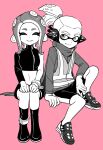  1boy 1girl agent_3_(splatoon) agent_8_(splatoon) bad_id bad_twitter_id bike_shorts boots cape closed_eyes crop_top dede_(qwea_00000) greyscale_with_colored_background headphones highres inkling inkling_boy looking_at_viewer midriff octoling octoling_girl pink_background ponytail sitting smile splatoon_(series) splatoon_2 splatoon_2:_octo_expansion tentacle_hair zipper_pull_tab 