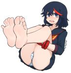  1girl ass bare_legs barefoot blue_eyes blue_hair blue_panties blue_serafuku commentary english_commentary feet feet_up foot_focus foreshortening full_body hair_between_eyes hugging_own_legs kill_la_kill knees_up leaning_back looking_at_viewer matoi_ryuuko medium_hair miniskirt panties pleated_skirt school_uniform senketsu serafuku shadow sharp_teeth sidelocks simple_background sitting skirt softhanten soles striped striped_panties teeth thighs toes twitter_username underwear upper_teeth_only white_background white_panties wristband 