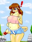  2023 accessory anthro belly belly_expansion big_breasts blue_eyes blush bottomwear breasts brown_hair camel_toe clothing cloud crop_top crop_top_overhang danellz digital_media_(artwork) exclamation_point expansion felid female furgonomics grass green_eyes gym_bottomwear gym_clothing gym_shorts hair heterochromia hi_res jewelry kathy_(danellz) lion mammal midriff navel open_mouth pantherine plant pregnant rapid_pregnancy ring shirt shorts sky solo stone_wall tail tail_accessory tail_jewelry tail_ring topwear tree wall_(structure) 