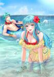  1boy 1girl :d aqua_eyes aqua_hair beach bikini blue_sky bracelet breasts brother_and_sister cleavage eating eirika_(fire_emblem) eirika_(summer)_(fire_emblem) ephraim_(fire_emblem) ephraim_(summer)_(fire_emblem) fire_emblem fire_emblem:_the_sacred_stones fire_emblem_heroes flower flower_necklace food hair_flower hair_ornament highres holding holding_food holding_popsicle innertube jewelry kneeling kousetu0506 long_hair looking_at_viewer navel necklace official_alternate_costume partially_submerged popsicle red_flower short_hair siblings sidelocks sky smile swimsuit teeth topless_male twins water 