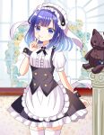  1girl animal_ears black_dress black_hairband black_wrist_cuffs blue_eyes blue_flower blue_hair closed_mouth cowboy_shot dress fake_animal_ears fleur_de_lapin_uniform floppy_ears flower frilled_dress frilled_hairband frills fuiba_fuyu gochuumon_wa_usagi_desu_ka? hairband highres lolita_hairband rabbit_ears ryoutan short_hair short_sleeves smile solo stuffed_animal stuffed_cat stuffed_toy thighhighs white_thighhighs wrist_cuffs 