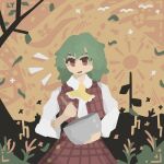  1girl ascot flower green_hair highres holding holding_spoon kazami_yuuka leaf llamas_yes looking_at_viewer mixing_bowl no_lineart open_clothes open_vest plaid plaid_skirt plaid_vest red_eyes red_vest skirt spoon sunflower touhou vest yellow_ascot 