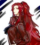  1girl ascot black_ascot cigarette closed_mouth coat gebura_(project_moon) grey_eyes heterochromia high_ponytail library_of_ruina long_hair long_sleeves looking_to_the_side nishikujic project_moon red_coat red_hair scar scar_on_face sidelocks solo upper_body very_long_hair yellow_eyes 