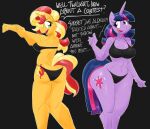  anthro bra clothing cutie_mark dialogue duo english_text equestria_girls equid equine female flutterthrash friendship_is_magic hasbro hi_res horn mammal my_little_pony panties sunset_shimmer_(eg) talking_to_another text twilight_sparkle_(mlp) underwear unicorn wide_hips 