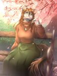  anthro avora_kuma bench cherry_blossom cherry_blossom_tree cherry_tree clothing dress ellever-10 felid feline female fruit_tree hi_res mammal pantherine park park_bench pendant plant sitting solo spring_(season) sweater tiger topwear tree 