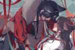  2boys 2ha_spoiler alternate_costume animal_ears antlers bishounen black_hair brown_hair chinese_clothes deer_antlers deer_ears earrings eyepatch hair_bun hanfu hua_cheng jewelry long_hair long_sleeves male_focus mouth_hold multiple_boys red_ribbon ribbon single_hair_bun tail tianguan_cifu wolf_boy wolf_ears wolf_tail xie_lian yaoi 