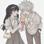  1boy 1girl alluka_zoldyck bag black_dress black_hair blue_eyes blush braid brother_and_sister closed_eyes dress eating food french_braid hair_ornament hairband hands_in_pockets highres holding_ice_cream hunter_x_hunter ice_cream killua_zoldyck long_hair looking_at_another male_child messy_hair nnnt0c0 open_mouth shirt short_hair shoulder_bag siblings simple_background surprised watch white_hair white_shirt wristwatch 