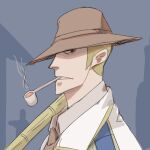  1boy blonde_hair bogard_(one_piece) brown_headwear brown_necktie from_side hat hat_over_one_eye lowres necktie one_eye_covered one_piece pipe_in_mouth rrezalyf short_hair smoking smoking_pipe solo uniform 